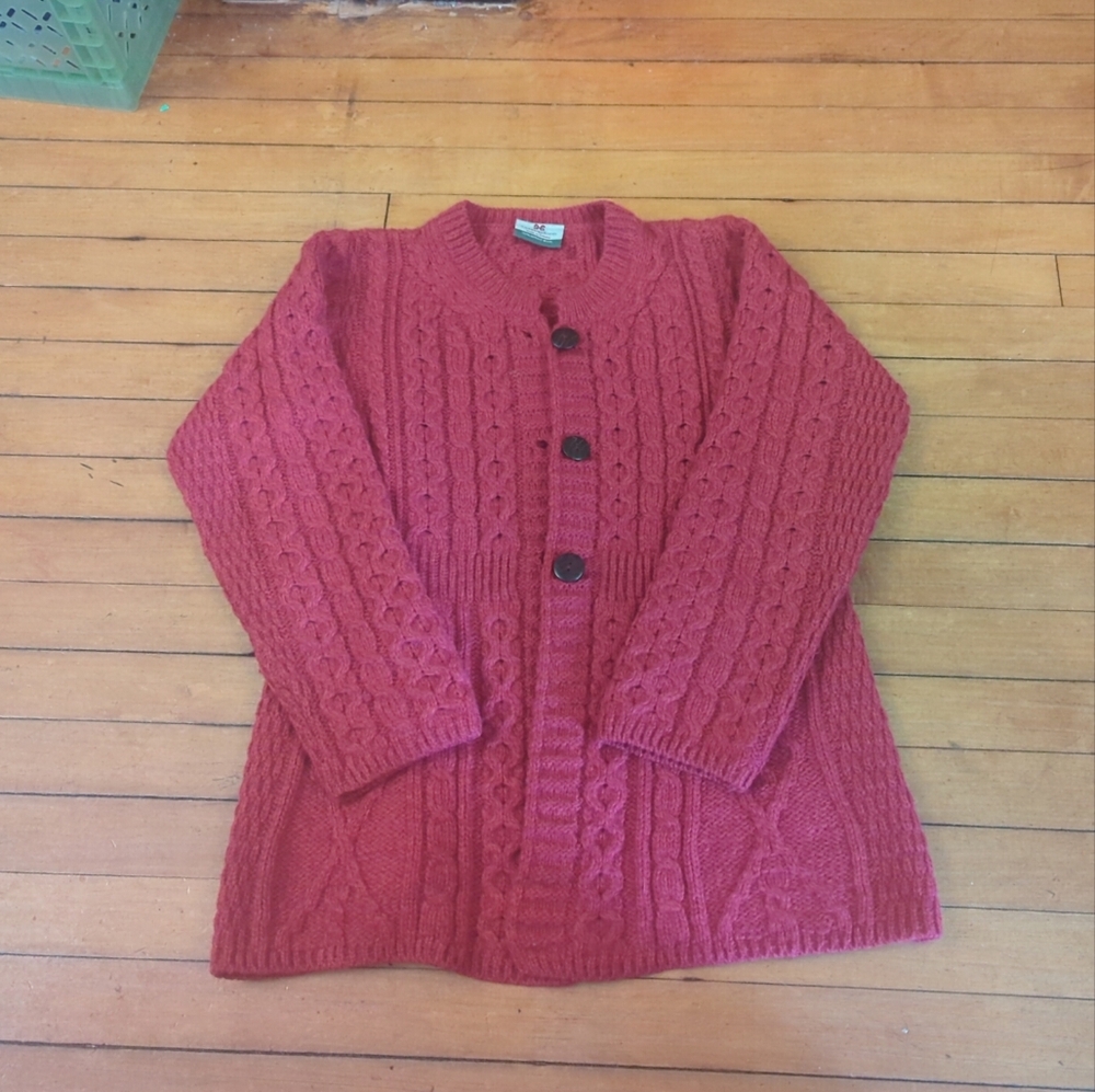 Carraig Donn Chunky Merino Wool Fisherman Sweater Cardigan S Red Holiday Xmas